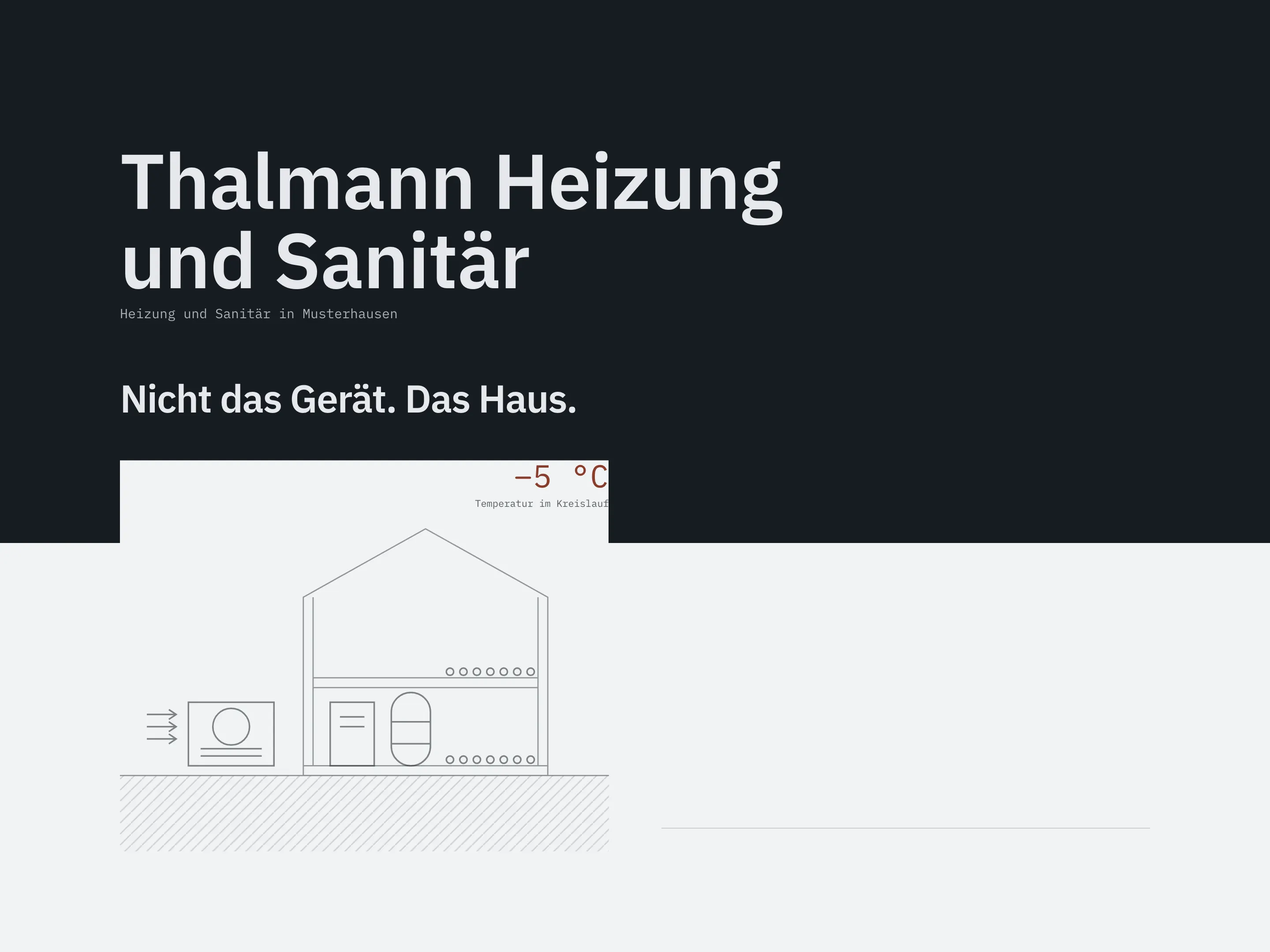 Startseite für einen Heizungs- und Sanitärbetrieb: der Firmenname groß in heller Schrift auf dunklem Grund, ohne Bild.